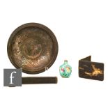 A collection of Indian and Asian items, to include a Bidri type circular dish, the shallow well with
