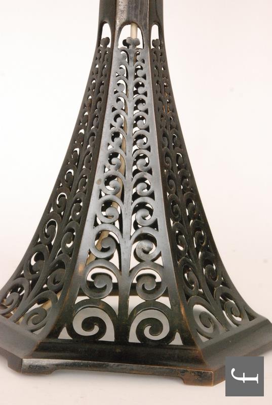 An Art Deco bronze table lamp, the hexagonal swept base with pierced scroll decoration rising to a - Image 2 of 4