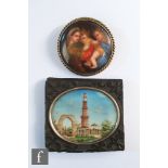 A 19th century miniature depicting an Indian temple tower, oval, framed, 4cm x 5cm also a printed