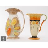 Two 1930s Art Deco Myott jugs, the first decorated with a large stylised flower in tones of brown,