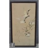 A late Qing Dynasty (1644-1911) Chinese panel, embroidered with mandarin duck in flight, before