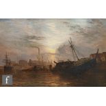 ENGLISH SCHOOL (MID 19TH CENTURY) - A harbour scene at sunset, oil on canvas, framed, 61cm x 92cm,