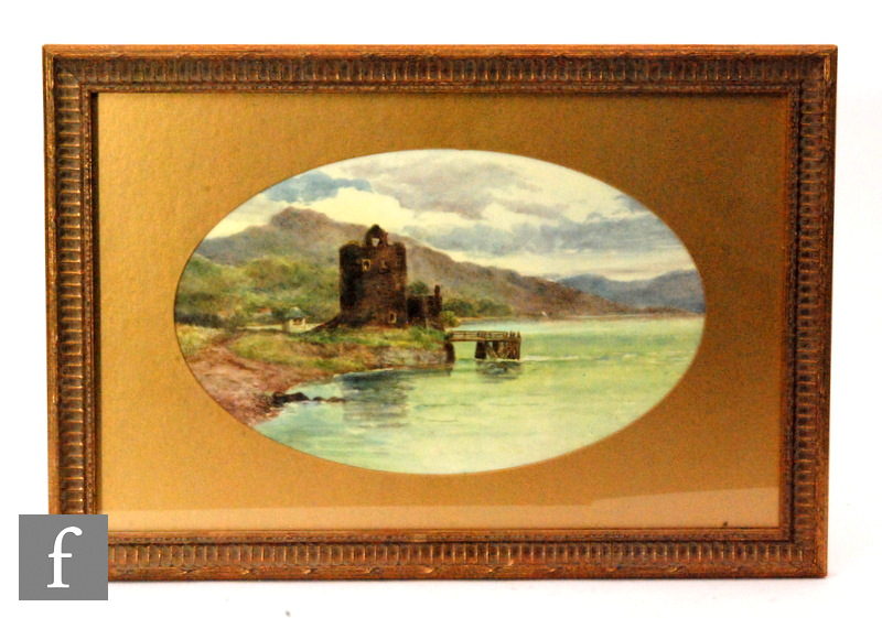 A late 19th Century Doulton Lambeth oval plaque decorated with a hand painted scene of Carrick