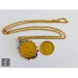 An Edward VII full sovereign dated 1908 loose set to a 9ct mount and suspended form a belcher chain,