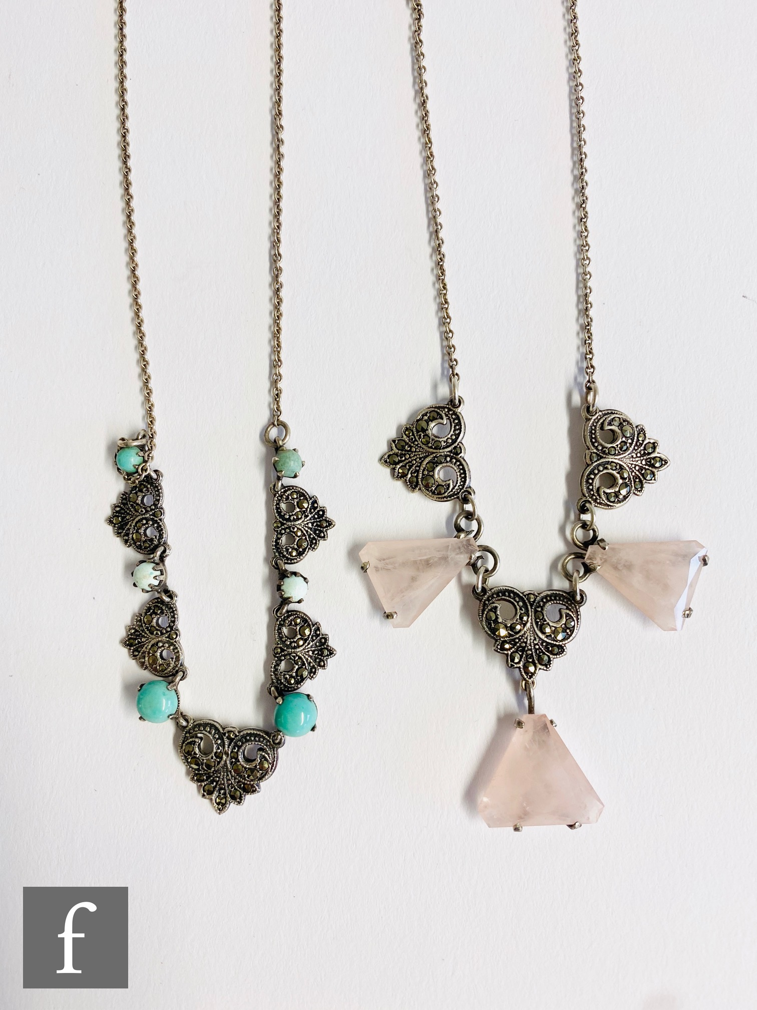 A silver, marcasite and rose quartz necklet, together with a similar marcasite and turquoise