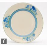 A Clarice Cliff 10in plate decorated in the Blue Crocus pattern, printed Bizarre script mark.