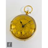 An 18ct hallmarked open faced fusee pocket watch, Roman numerals to a gilt dial, diameter of case