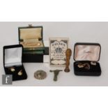 A small parcel lot of items to include a cased pair of silver miniature Coronation spoons, Masonic