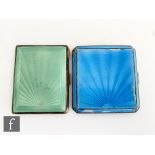 A hallmarked silver rectangular cigarette case with green enamelled decoration, length 8.5cm, with a