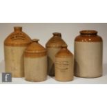 A Collis & Co two tone stoneware cider flagon, with three smaller flagons and a pickle jar. (5)
