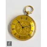 A late 19th Century 18ct open faced key pocket watch, Roman numerals to a gilt dial, case diameter