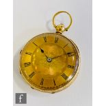 An 18ct hallmarked open faced key wind pocket watch, black Roman numerals to a gilt dial, case
