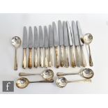 A set of six modern silver handled dessert and dinner knives with a six further rat tail pattern