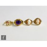 Three assorted 9ct rings, two cameo and a Welsh gold example total weight 7.3g, with a 14ct single