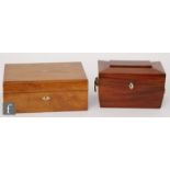 A 19th Century mahogany sarcophagal shaped two divisioned tea caddy, width 23cm, and a walnut