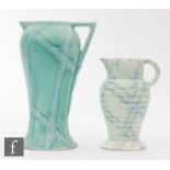 Two 1930s Wade Heath Flaxman Ware jugs both with hand painted irregular lines, imitating marble,