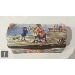 A small rectangular domed box decorated with an enamel scene of figures to a cliff side with sailing