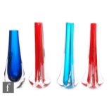 Four 1970s Whitefriars glass vases, comprising three of triform in shape 9716, two in ruby and the