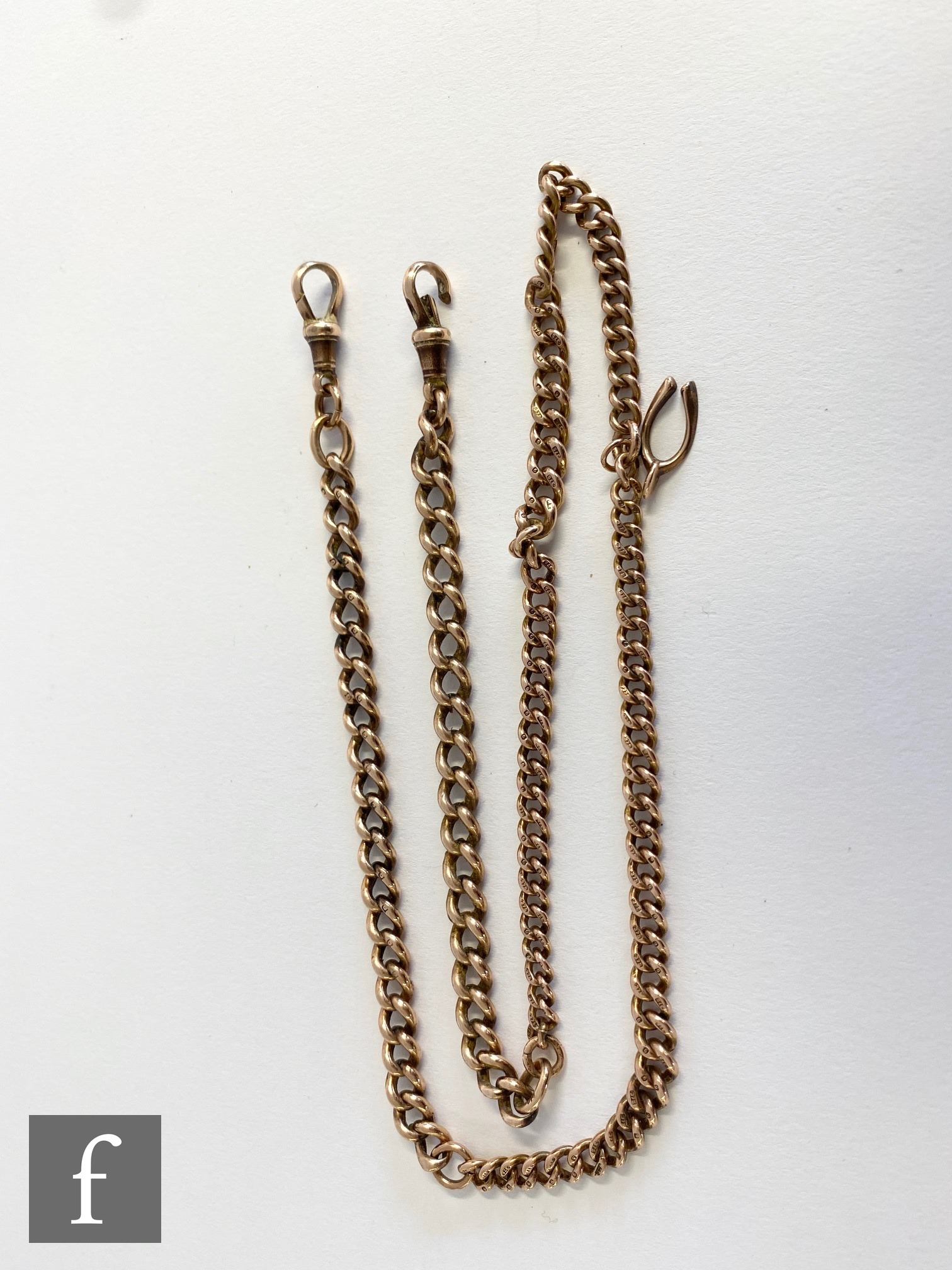 A 9ct rose gold chain constructed from two different chains, terminating in end swivel, length 58cm,