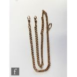 A 9ct rose gold chain constructed from two different chains, terminating in end swivel, length 58cm,