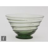 A post war Whitefriars footed bowl with external ribbon trailed decoration, all in sea green,