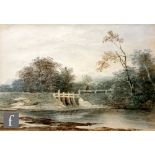 CIRCLE OF JAMES STARK (1794-1859) - A figure on a bridge in a river landscape, watercolour,