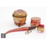 A collection of ruby glass, all heavily gilded and enamelled, to include a scent bottle formed as