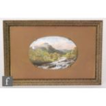 A framed oval enamel plaque hand painted with a scene of 'The Falls of Tummel, Perthshire',