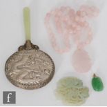 A collection of Chinese items, to include a cast metal and green hardstone hand mirror, together