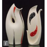 Two 1950s stylised vases both decorated with red and black lines and shapes, the first a H.J Wood