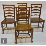 Four 19th Century country ladderback chairs of ash, elm and beech construction, the shaped beech top
