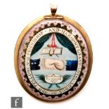 A George III oval open pendant with clasped hands above date Sept 30 1800 within a pink and black