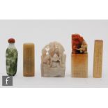 A collection of Chinese seals, snuff bottles and carving, to include a glass overlay snuff bottle,