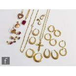 A parcel lot of assorted 9ct modern jewellery to include hoop earrings, chains and pendants, total