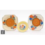 A Clarice Cliff small pin dish decorated in the Crocus pattern, printed script Wilkinson mark,