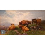TOM ROWDEN (1842-1926) - Highland cattle on a hillside, watercolour, signed, framed, 21cm x 37cm,