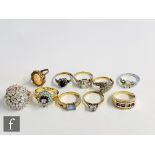 Ten assorted stone set rings to include three 9ct examples, silver and gilt metal rings, damages (