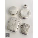 A hallmarked silver circular small scent bottle height 6cm, with a two rectangular vesta cases and a