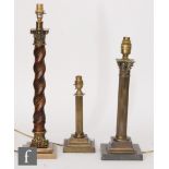 A plated table lamp in the form of a Corinthian column, together with a brass example and a