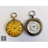 An 18ct open faced key wind fob watch, Roman numerals to a gilt dial, case diameter 36mm, total