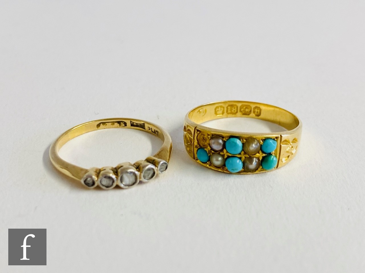 An 18ct hallmarked turquoise and seed pearl ring, Birmingham 1876, stone missing, with a similar