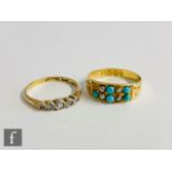 An 18ct hallmarked turquoise and seed pearl ring, Birmingham 1876, stone missing, with a similar