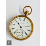 An 18ct hallmarked open faced, crown wind pocket watch with stop watch facility