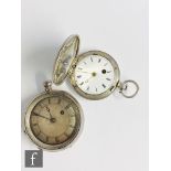 A Continental silver fusee full hunter pocket watch, Roman numerals to a white enamelled dial within