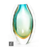 A later 20th Century Murano sommerso glass vase of ovoid form, the green core cased in amber and