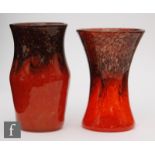 Two later 20th Century Strathearn glass vases, decorated in mottled tonal red with bronze