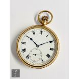 A 9ct hallmarked crown wind open faced pocket watch, Roman numerals to a white enamelled dial,