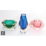 Three pieces of continental sommerso glass vases, all of faceted form, to include a vase cased in