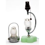 A 1930s Pifco novelty battery operated night light formed as a moulded glass owl upon a chrome