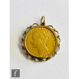A Victorian bun head full sovereign dated 1864, loose mounted to a 9ct pendant mount, total weight
